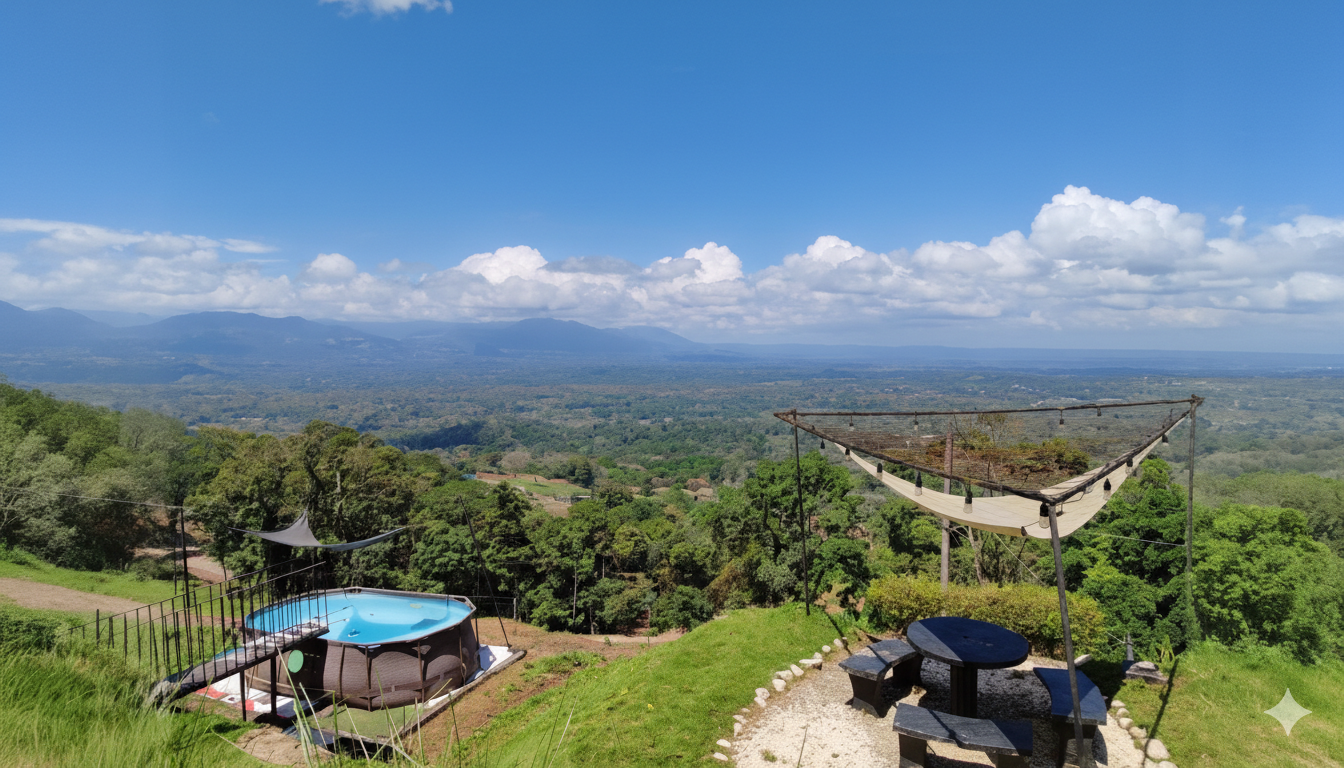 Hospedaje Hygge House piscina y bancas con vista al volcan arenal