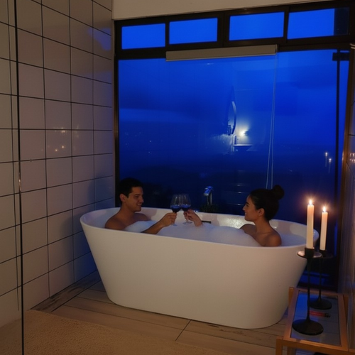 Pareja en tina con espuma en hospedaje Hygge House